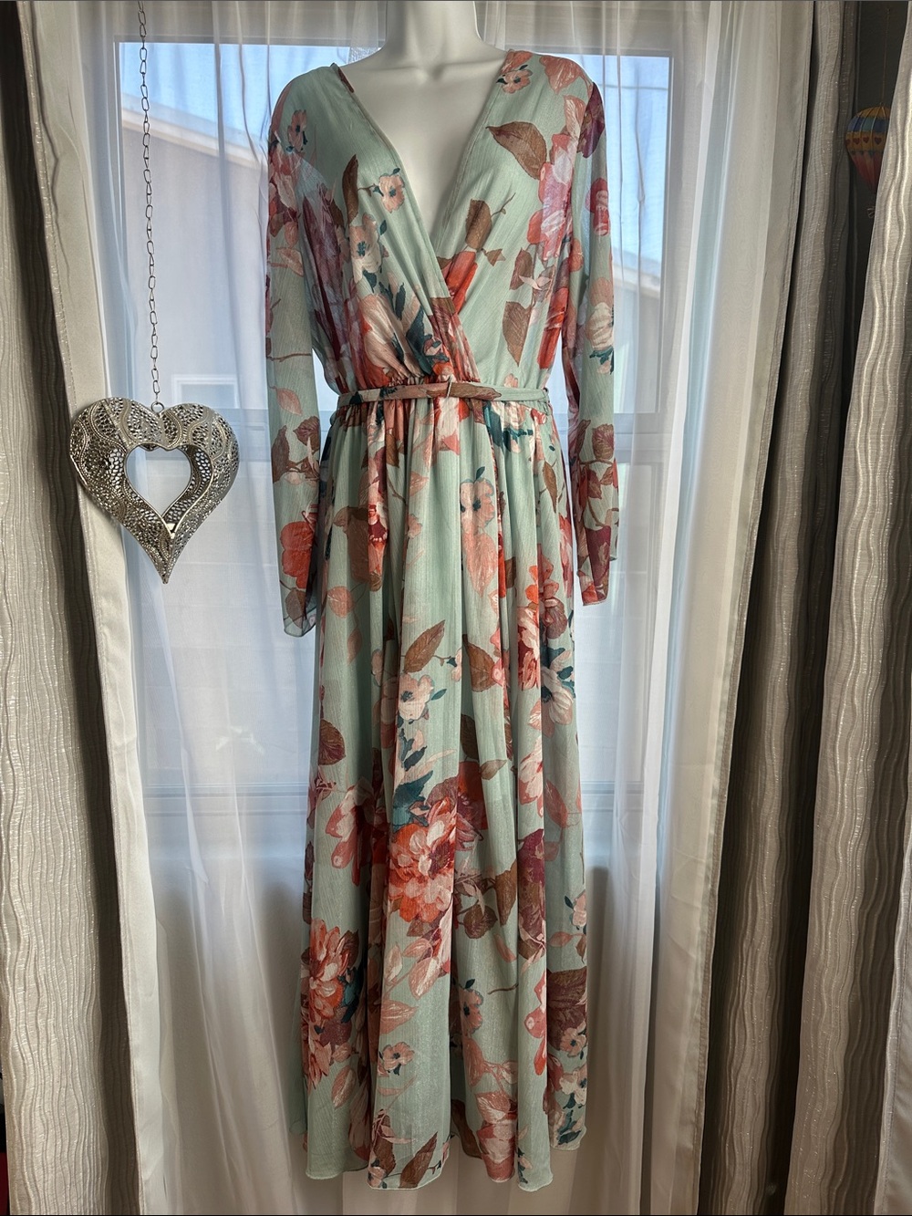 Light Blue Floral Wrap Maxi Dress with Coral Blooms